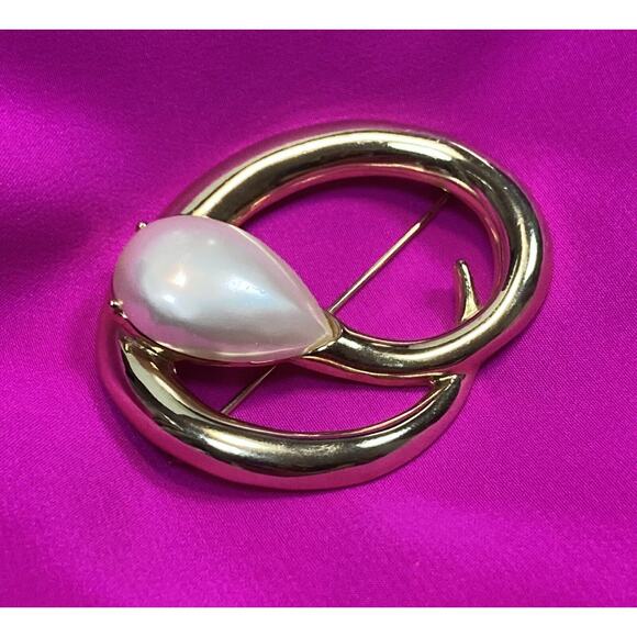 Vintage EDWIN PEARL PEP Brooch Pin Gold Tone w/ Pearl 2” x 1.75" RARE - Picture 3 of 13